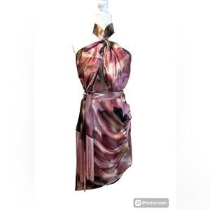 Badgley Mischka Pink and Brown Satin Halter Midi Dress